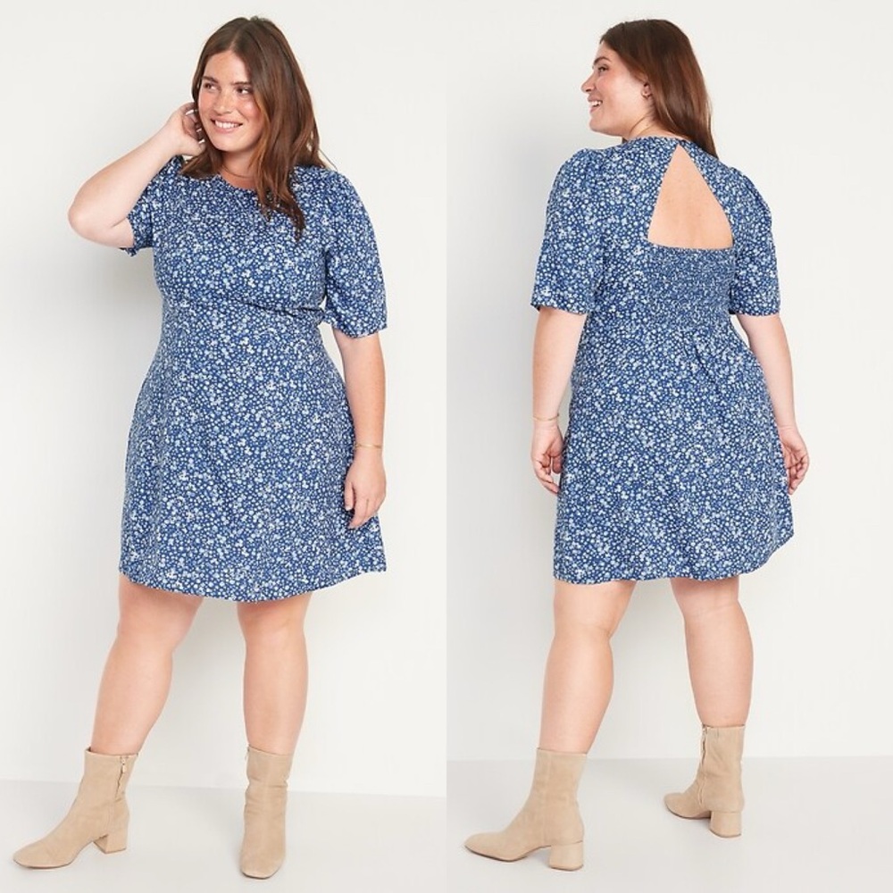Old Navy Puff Sleeve Open Back Blue Floral Mini Dress Size Large